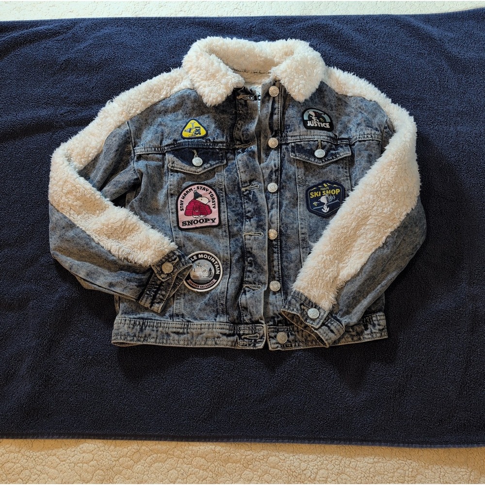Justice Peanuts Girl Denim Jacket W/sherpa Snoopy Patches Size 7/8